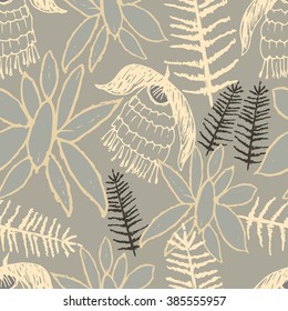 Floral seamless pattern with hand drawn  flowers and leaves on gray background.