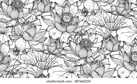 Floral seamless pattern with hand drawn lotus flowers and leaves for fabrics, textiles, paper. Beautiful black and white vector floral background