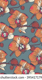 Floral seamless pattern with hand drawn orchid branches with flowers for fabrics, textiles, paper. Beautiful colorful vector floral background with watercolor texture. 
