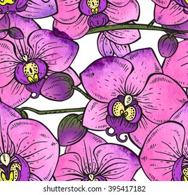 Floral seamless pattern with hand drawn orchid branches with flowers for fabrics, textiles, paper. Beautiful colorful vector floral background with watercolor texture. 