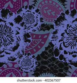 Floral seamless pattern with hand drawn sketch peonies and paisley.Blue flowers.