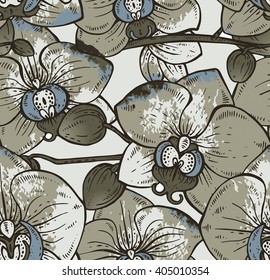 Floral seamless pattern with hand drawn orchid branches with flowers for fabrics, textiles, paper. Beautiful colorful vector floral background with watercolor texture. 