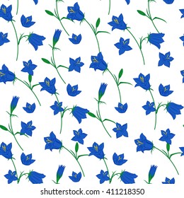 Floral seamless pattern with hand drawn bluebell flowers on the white background.