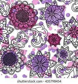 Floral seamless pattern. Hand drawn flowers and blots on white background. Vector illustration.