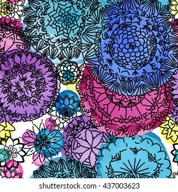 Floral seamless pattern. Hand drawn flowers and blots. Floral mandala ornament. Vector illustration.