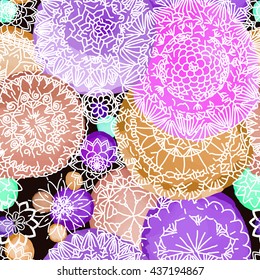 Floral seamless pattern. Hand drawn flowers and blots. Floral mandala ornament. Vector illustration.
