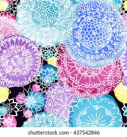 Floral seamless pattern. Hand drawn flowers and blots. Floral mandala ornament. Vector illustration.