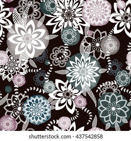 Floral seamless pattern. Hand drawn flowers and blots. Floral mandala ornament. Vector illustration.