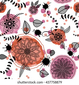 Floral seamless pattern. Hand drawn flowers and blots on white background. Vector illustration.