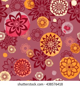 Floral seamless pattern. Hand drawn flowers and blots. Floral mandala ornament. Vector illustration.