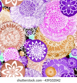 Floral seamless pattern. Hand drawn flowers and blots. Floral mandala ornament. Vector illustration.