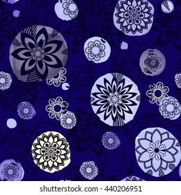 Floral seamless pattern. Hand drawn flowers and blots. Floral mandala ornament. Vector illustration.