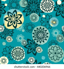 Floral seamless pattern. Hand drawn flowers and blots. Floral mandala ornament. Vector illustration.
