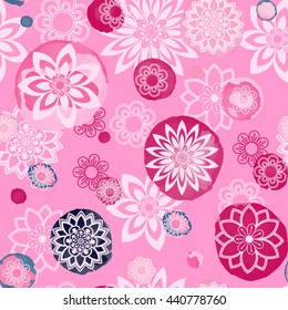 Floral seamless pattern. Hand drawn flowers and blots. Floral mandala ornament. Vector illustration.
