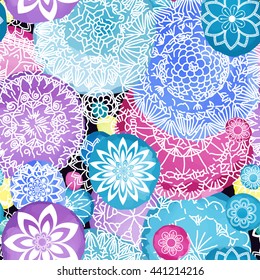 Floral seamless pattern. Hand drawn flowers and blots. Floral mandala ornament. Vector illustration.