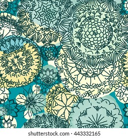 Floral seamless pattern. Hand drawn flowers and blots. Floral mandala ornament. Vector illustration.