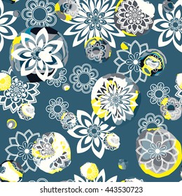 Floral seamless pattern. Hand drawn flowers and blots. Floral mandala ornament. Vector illustration.