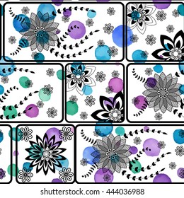 Floral seamless pattern. Hand drawn flowers and blots. Floral mandala ornament. Vector illustration.