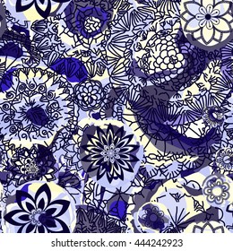 Floral seamless pattern. Hand drawn flowers and blots. Floral mandala ornament. Vector illustration.