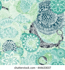 Floral seamless pattern. Hand drawn flowers and blots. Floral mandala ornament. Vector illustration.