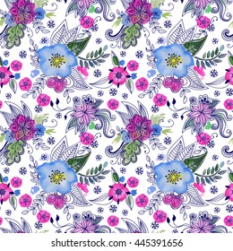 Floral seamless pattern. Hand drawn flowers and blots. Floral mandala ornament. Vector illustration.