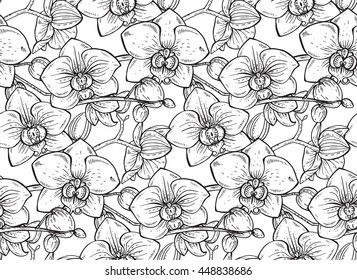 Floral seamless pattern with hand drawn orchid branches with flowers for fabrics, textiles, paper. Beautiful black and white vector floral background. 