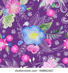 Floral seamless pattern. Hand drawn flowers and blots. Floral mandala ornament. Vector illustration.