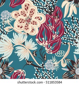 Floral seamless pattern. Hand drawn creative flower. Colorful artistic background with blossom. Abstract herb. It can be used for wallpaper, textiles, wrapping, card. Vector illustration, eps10