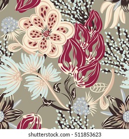 Floral seamless pattern. Hand drawn creative flower. Colorful artistic background with blossom. Abstract herb. It can be used for wallpaper, textiles, wrapping, card. Vector illustration, eps10