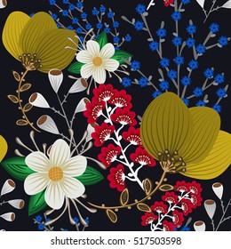 Floral seamless pattern. Hand drawn creative flower. Colorful artistic background with blossom. Abstract herb. It can be used for wallpaper, textiles, wrapping, card. Vector illustration, eps10