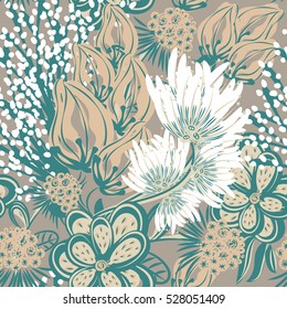 Floral seamless pattern. Hand drawn creative flower. Colorful artistic background with blossom. Abstract herb. It can be used for wallpaper, textiles, wrapping, card. Vector illustration, eps10