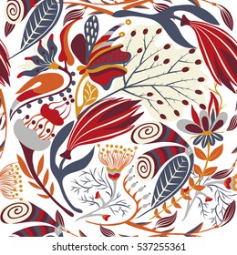 Floral seamless pattern. Hand drawn creative flower. Colorful artistic background with blossom. Abstract herb. It can be used for wallpaper, textiles, wrapping, card. Vector illustration, eps10