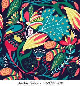 Floral seamless pattern. Hand drawn creative flower. Colorful artistic background with blossom. Abstract herb. It can be used for wallpaper, textiles, wrapping, card. Vector illustration, eps10