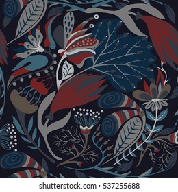 Floral seamless pattern. Hand drawn creative flower. Colorful artistic background with blossom. Abstract herb. It can be used for wallpaper, textiles, wrapping, card. Vector illustration, eps10