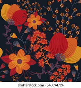 Floral seamless pattern. Hand drawn creative flower. Colorful artistic background with blossom. It can be used for wallpaper, textiles, wrapping, card. Vector illustration, eps10