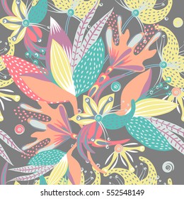 Floral seamless pattern. Hand drawn creative flower. Colorful artistic background with blossom. Abstract herb. It can be used for wallpaper, textiles, wrapping, card. Vector illustration, eps10
