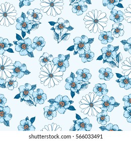 Floral seamless pattern with hand drawn blue and white flowers. Vector illustration