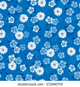 Floral seamless pattern with hand drawn blue and white flowers for textile, wallpapers, gift wrap. Vector illustration.
