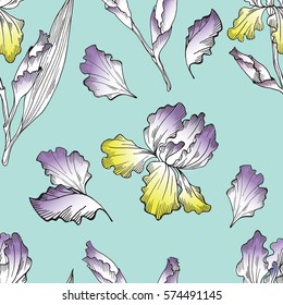 Floral seamless pattern with hand drawn iris flowers. Summer vector background on green. Seamless background for textile, paper, decoration and wrapping