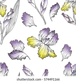 Floral seamless pattern with hand drawn iris flowers. Summer vector background on white. Seamless background for textile, paper, decoration and wrapping