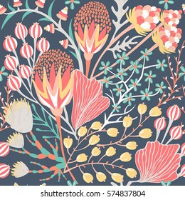  Patrón floral sin fisuras. La flor creativa dibujada a mano. Colorido fondo artístico con florecimiento. Hierba abstracta. Se puede utilizar para papel pintado, textiles, envoltura, tarjeta. Ilustración del vector, eps10