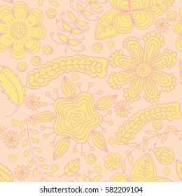 Floral seamless pattern hand drawn abstract floral elements, vector. Elements are hidden under mask, not cut off. Contour is smooth. Swatch is in the panel. Perfect for wallpaper, textile print