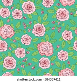Floral seamless pattern with hand drawn pink flowers for textile, wallpapers, gift wrap and scrapbook. Vector illustration.
