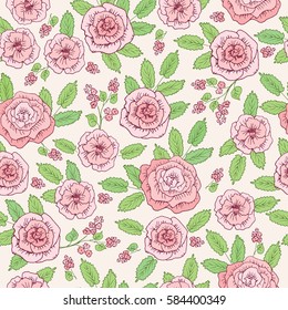 Floral seamless pattern with hand drawn pink flowers for textile, wallpapers, gift wrap and scrapbook. Vector illustration