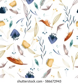 Floral seamless pattern. Hand drawn flowers and feathers on white background. Beautiful spring wrapping paper. Vector illustration.