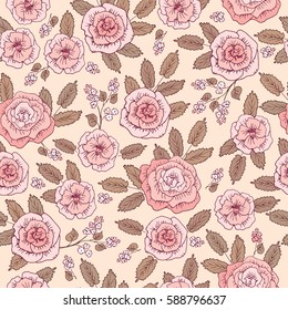 Floral seamless pattern with hand drawn pink flowers for textile, wallpapers, gift wrap and scrapbook. Vector illustration.
