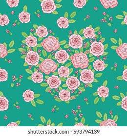 Floral seamless pattern with hand drawn pink flowers for textile, wallpapers, gift wrap and scrapbook. Flowers in the shape of a heart. Green background. Vector illustration.