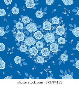 Floral seamless pattern with hand drawn blue flowers for textile, wallpapers, gift wrap and scrapbook. Flowers in the shape of a heart. Dark blue background. Vector illustration.