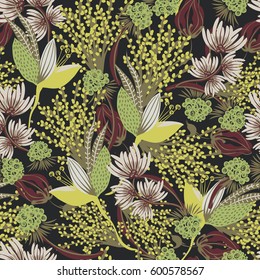 Floral seamless pattern. Hand drawn creative flower. Colorful artistic background with blossom. Abstract herb. It can be used for wallpaper, textiles, wrapping, card. Vector illustration, eps10