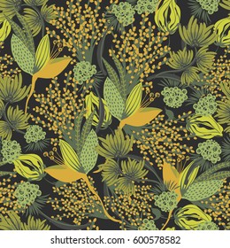  Patrón floral sin fisuras. La flor creativa dibujada a mano. Colorido fondo artístico con florecimiento. Hierba abstracta. Se puede utilizar para papel pintado, textiles, envoltura, tarjeta. Ilustración del vector, eps10